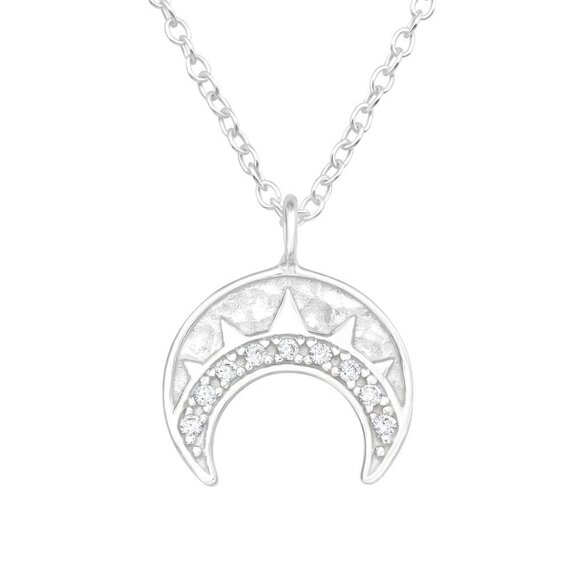 Sterling Silver Crescent Moon Necklace with Crystal Stones - Picture 1 of 9